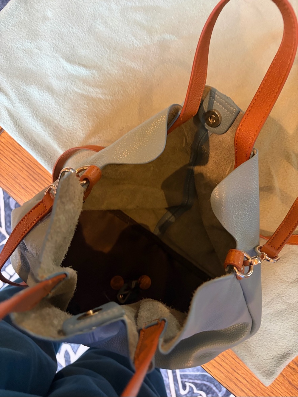 Light Blue Leather Tote with Tan Handles and Strap - Picture 2 of 3